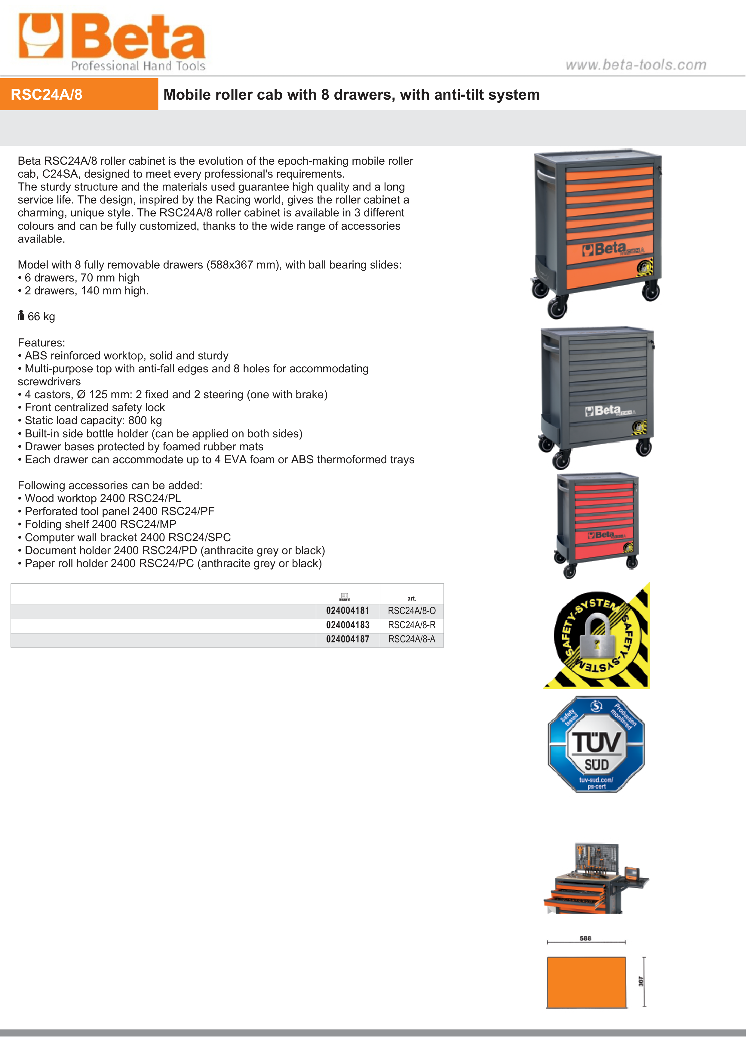Mobile Roller Cab 8 Drawers Anti-Tilt System Reinforced Worktop 800kg Capacity - Beta Tools RSC24A/8-O