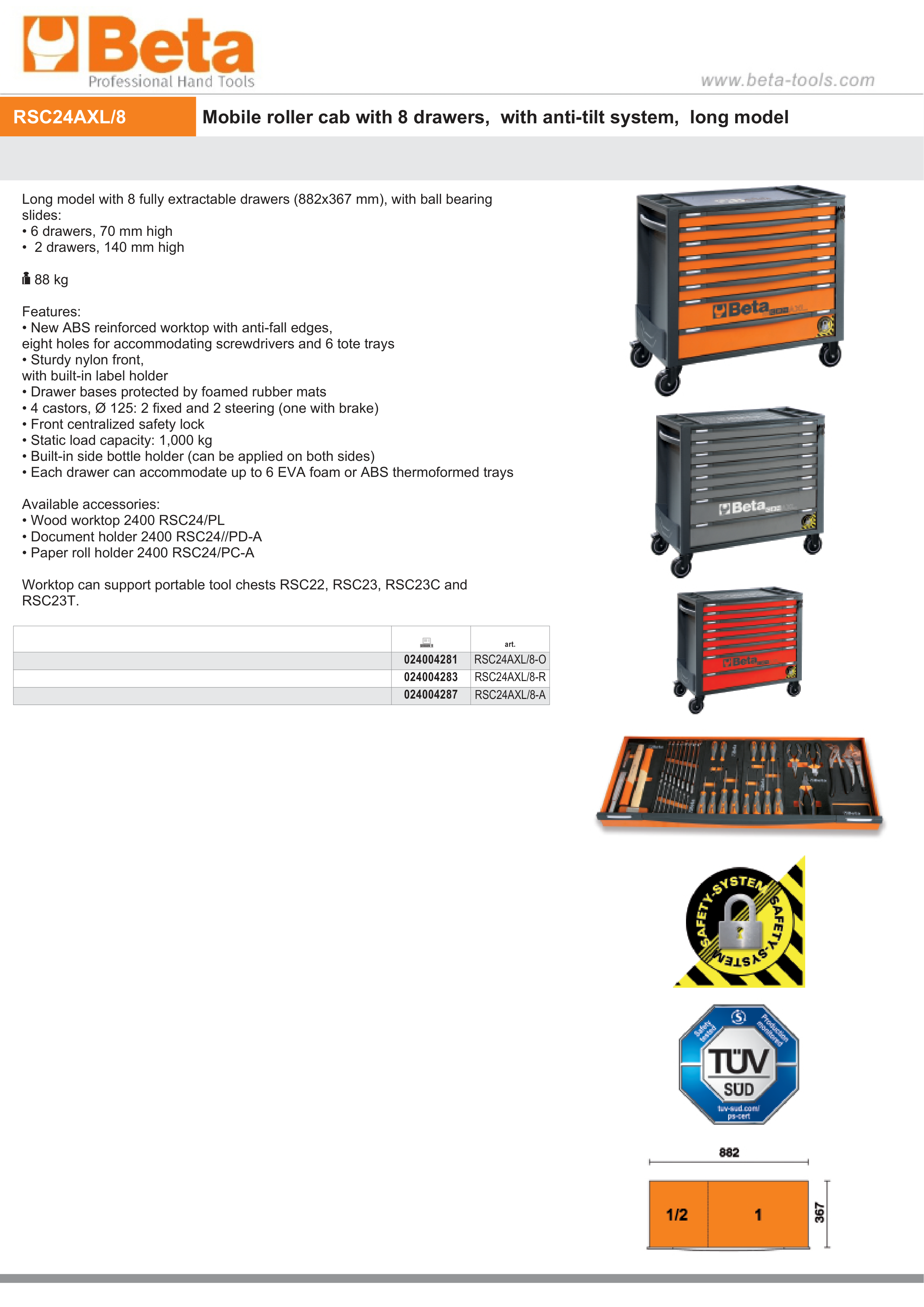 Mobile Roller Cab 8 Drawers Anti-Tilt System Long Model 1000kg Capacity - Beta Tools RSC24AXL/8-O