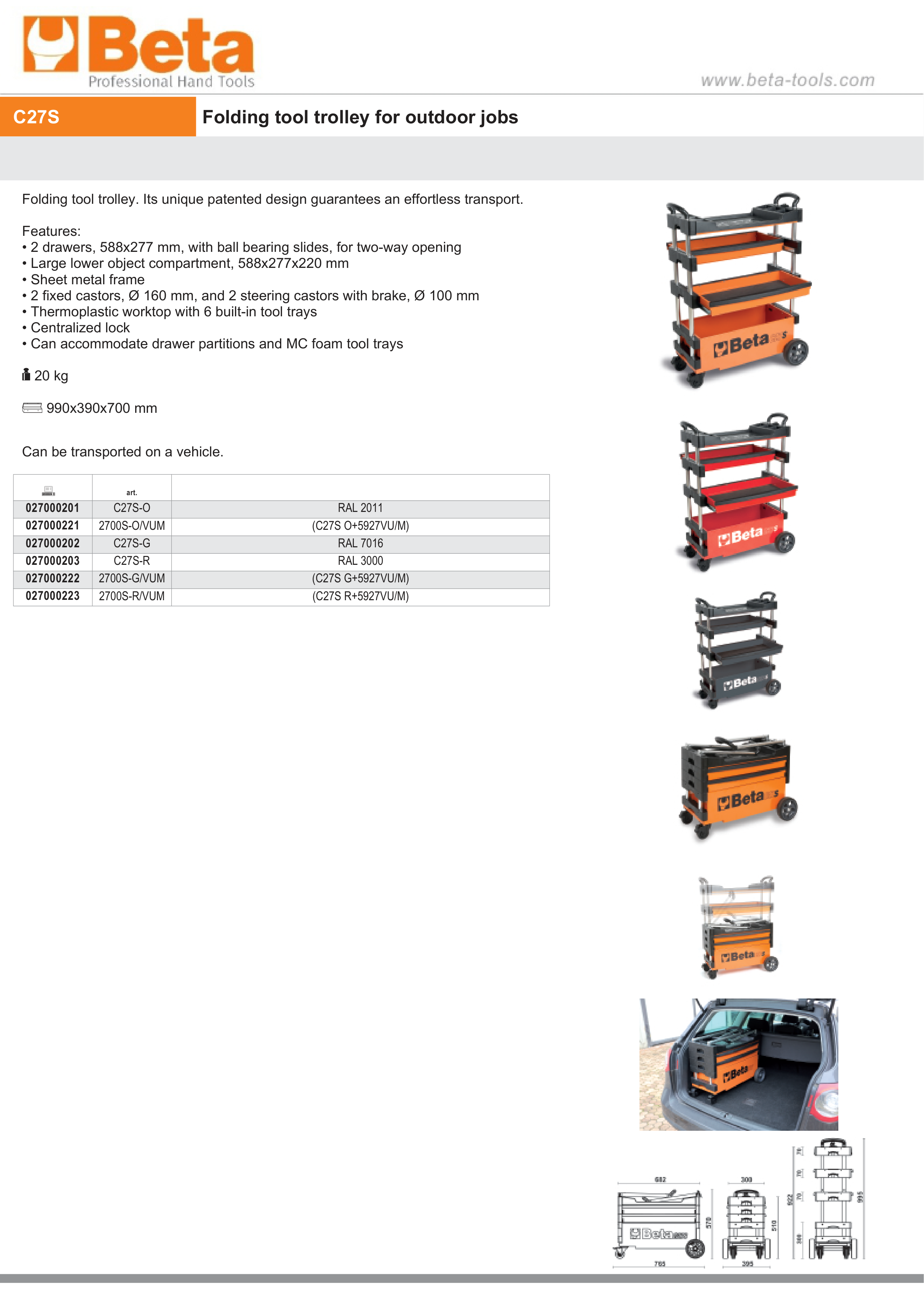 Folding Tool Trolley for Outdoor Jobs, 2 Drawers, 990x390x700mm, Centralized Lock, 160mm Fixed Castors - Beta Tools C27S-O