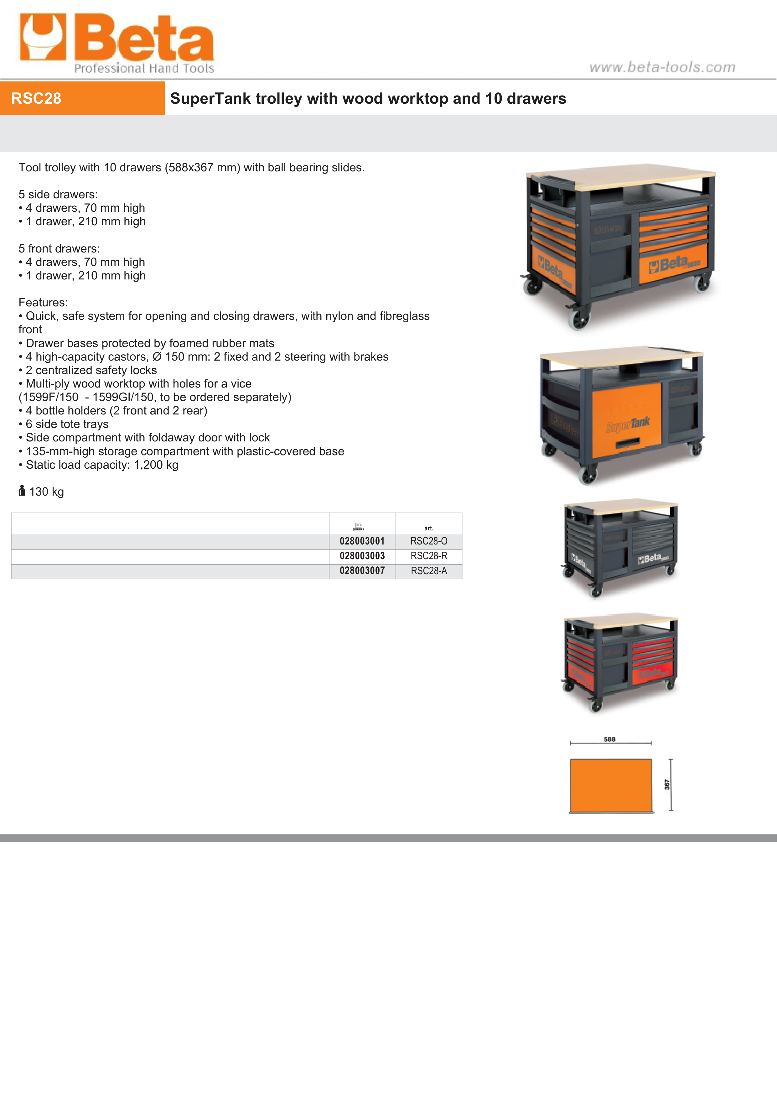 SuperTank Trolley with Wood Worktop, 10 Drawers, 588x367mm, 150mm Castors, 1200kg Load Capacity - Beta Tools RSC28-R