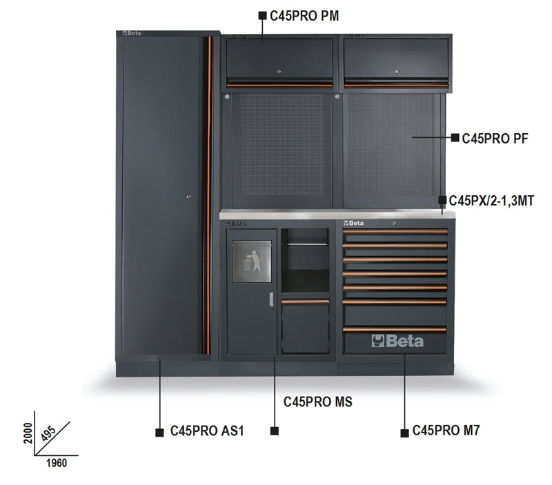 Workshop Equipment Combination with Stainless Steel Worktop, Drawers, Tool Panels, and Cabinets - BetaC45PRO C45PRO CX