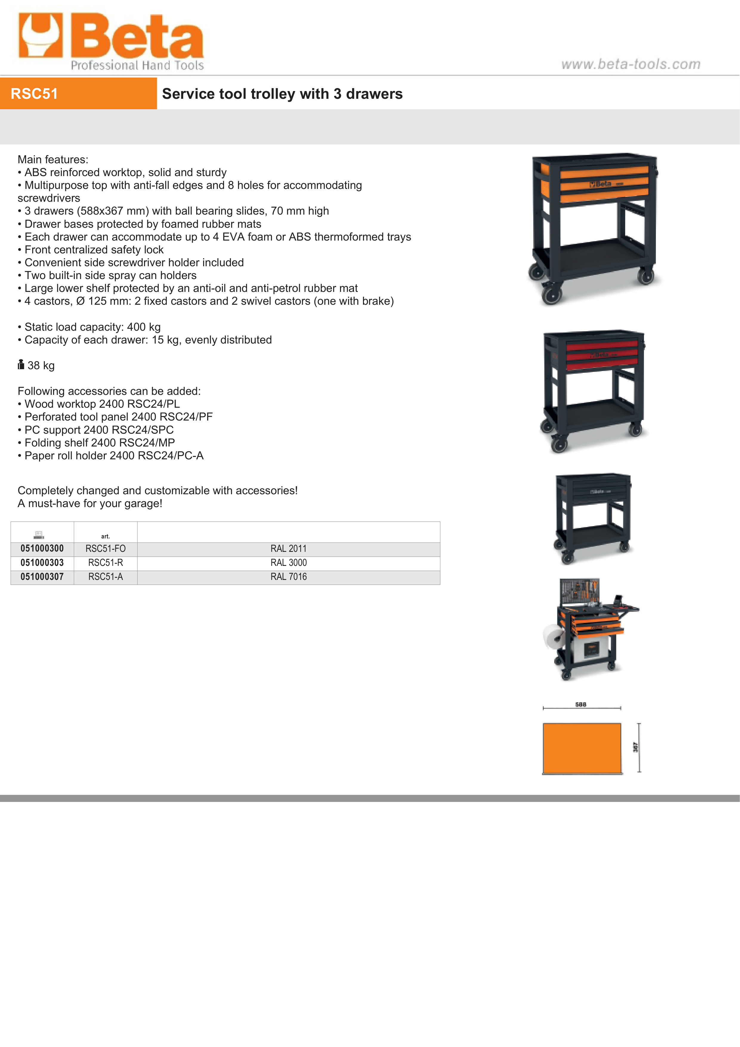 Service Tool Trolley with 3 Drawers, ABS Worktop, 4 Castors 125mm, 400kg Load Capacity - Beta Tools RSC51-FO