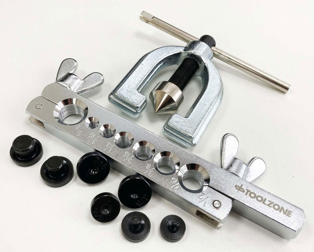 BRAKE PIPE FLARING TOOL KIT 9pc WITH 7 DIES 3/16 TO 5/8 - TOOLZONE KDPAU383