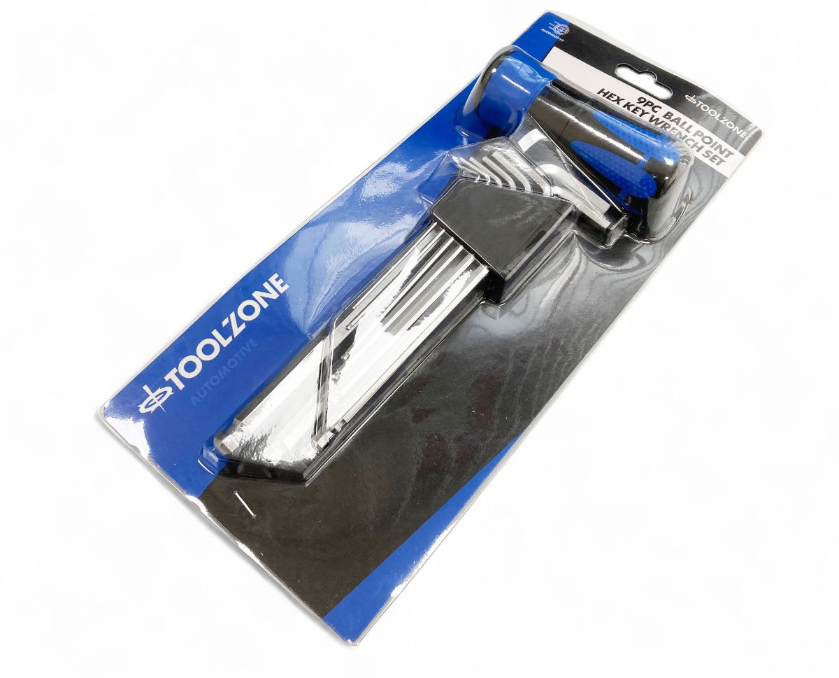 HEX KEY SET BALL END METRIC 9pc WITH HANDLE CHROME ALLOY - TOOLZONE KDPHX032