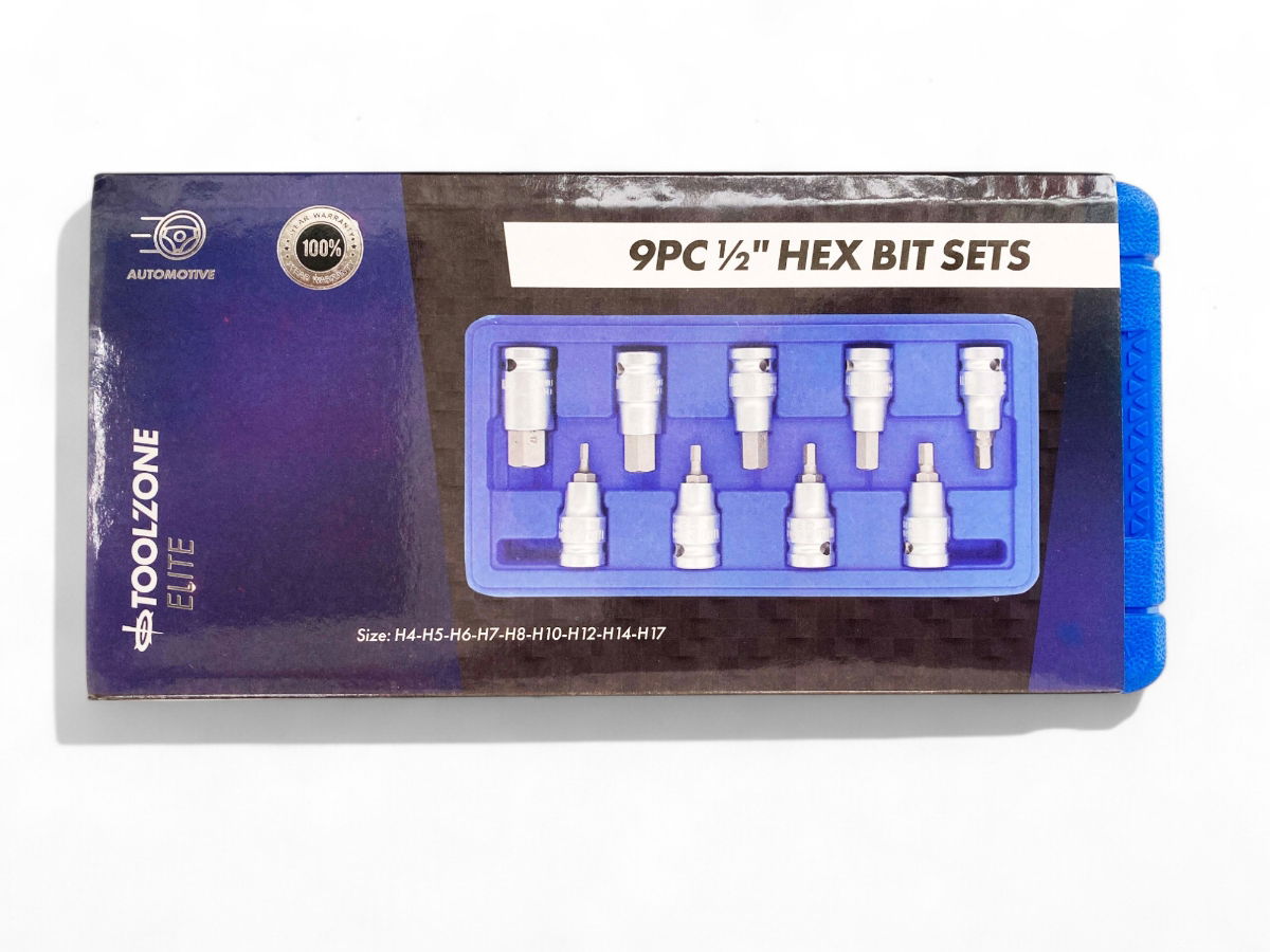 HEX BIT SET METRIC 1/2 DRIVE 9pc 4-17mm CHROME VANADIUM - TOOLZONE KDPHX039
