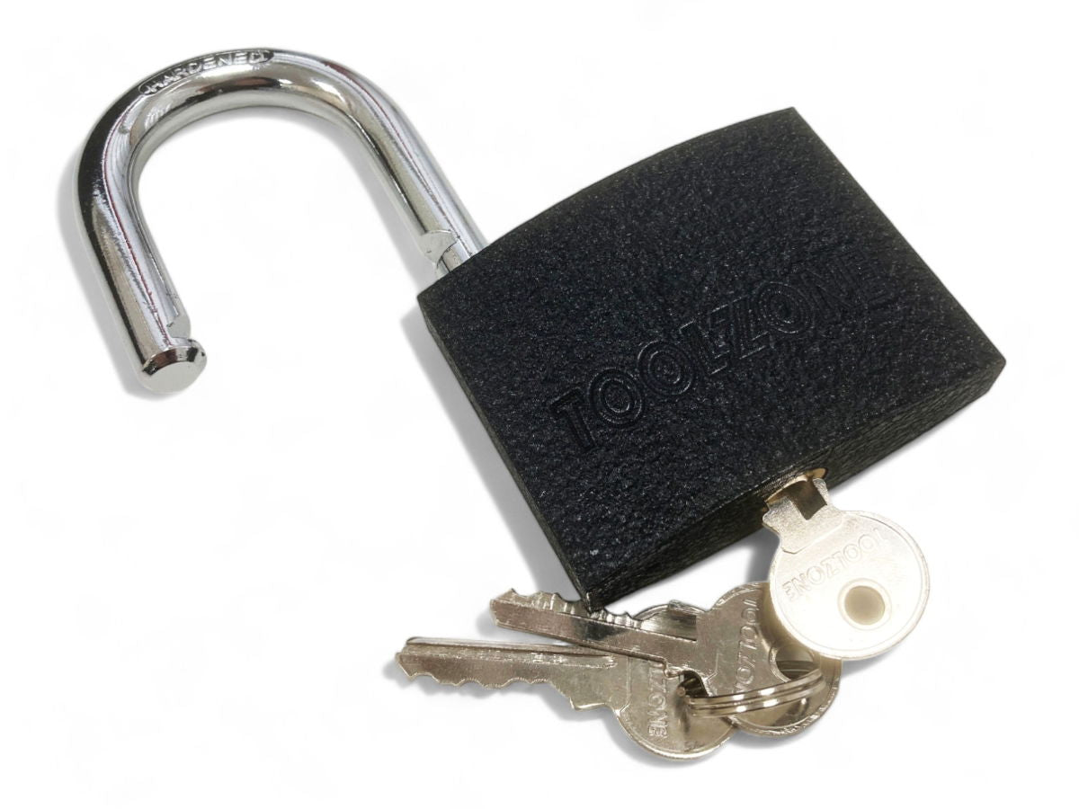 PADLOCK IRON 75mm HARDENED SHACKLE BRASS CORE WITH 3 KEYS - TOOLZONE KDPLK112