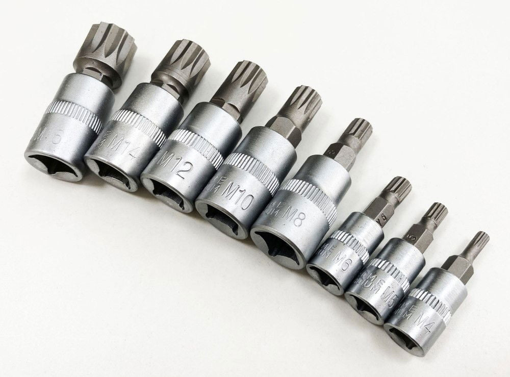 SPLINE BIT SOCKET SET 8PC 1/4 3/8 DRIVE M4-M16 ON RAIL - TOOLZONE KDPSD079