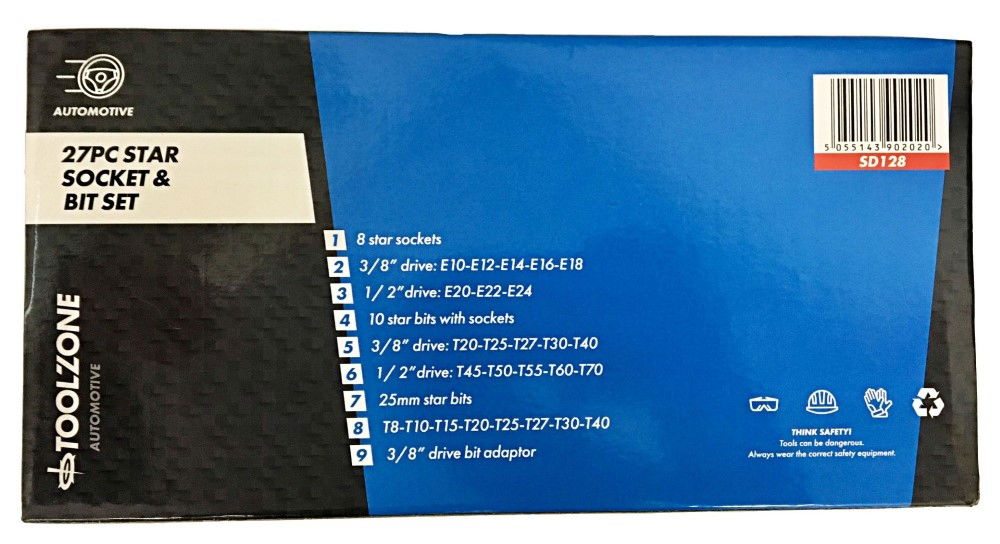 STAR BITS AND E SOCKET SET 27PC 3/8 1/2 - TOOLZONE KDPSD128