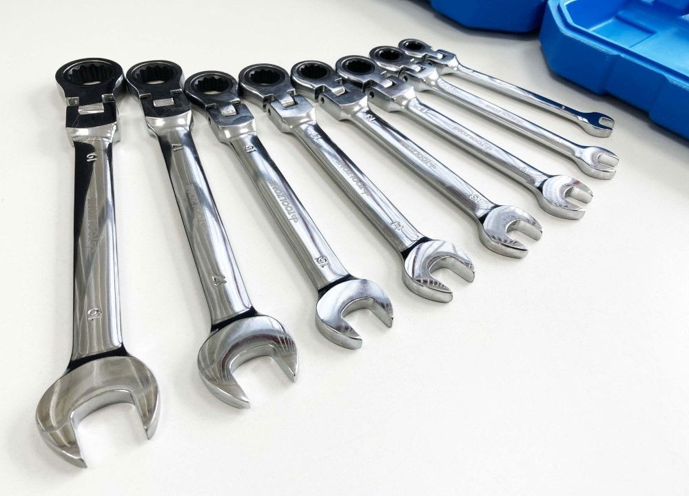 FLEX RATCHET COMBINATION WRENCH SET 8pc METRIC CHROME VANADIUM POLISHED FINISH - TOOLZONE KDPSP128