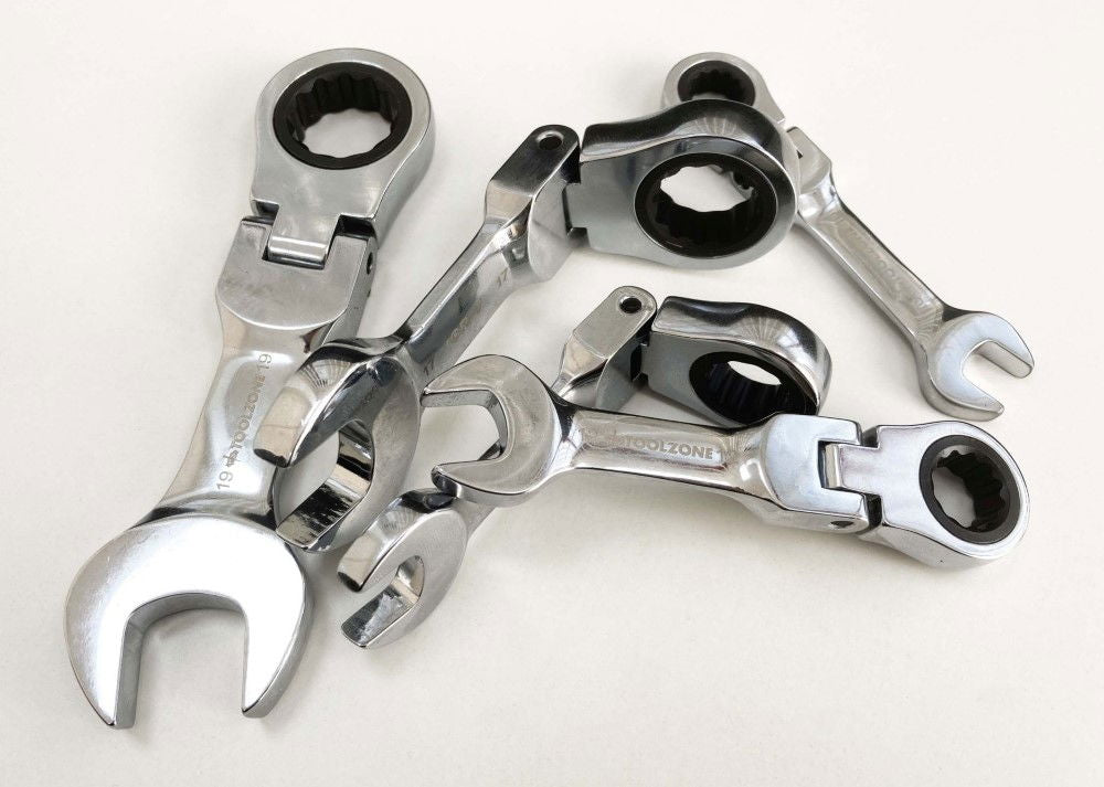 FLEXI STUBBY RATCHET SPANNER SET 5pc 10-19mm CHROME VANADIUM - TOOLZONE KDPSP164