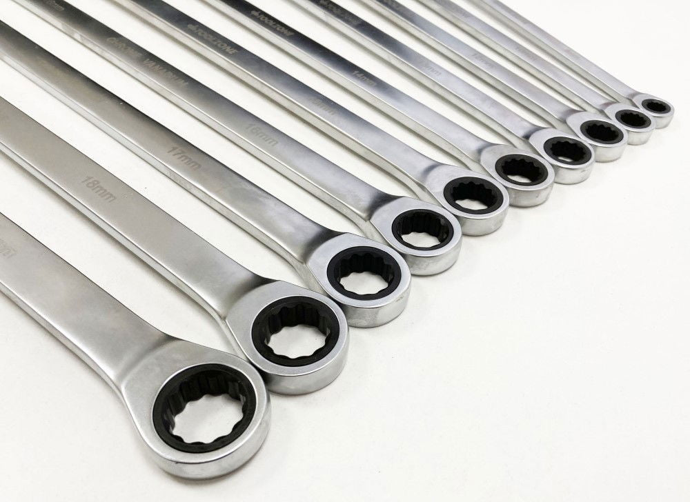 RATCHET SPANNER SET LONG 10pc 8-19mm 72 TEETH 6150CRV MIRROR POLISH - TOOLZONE KDPSP194