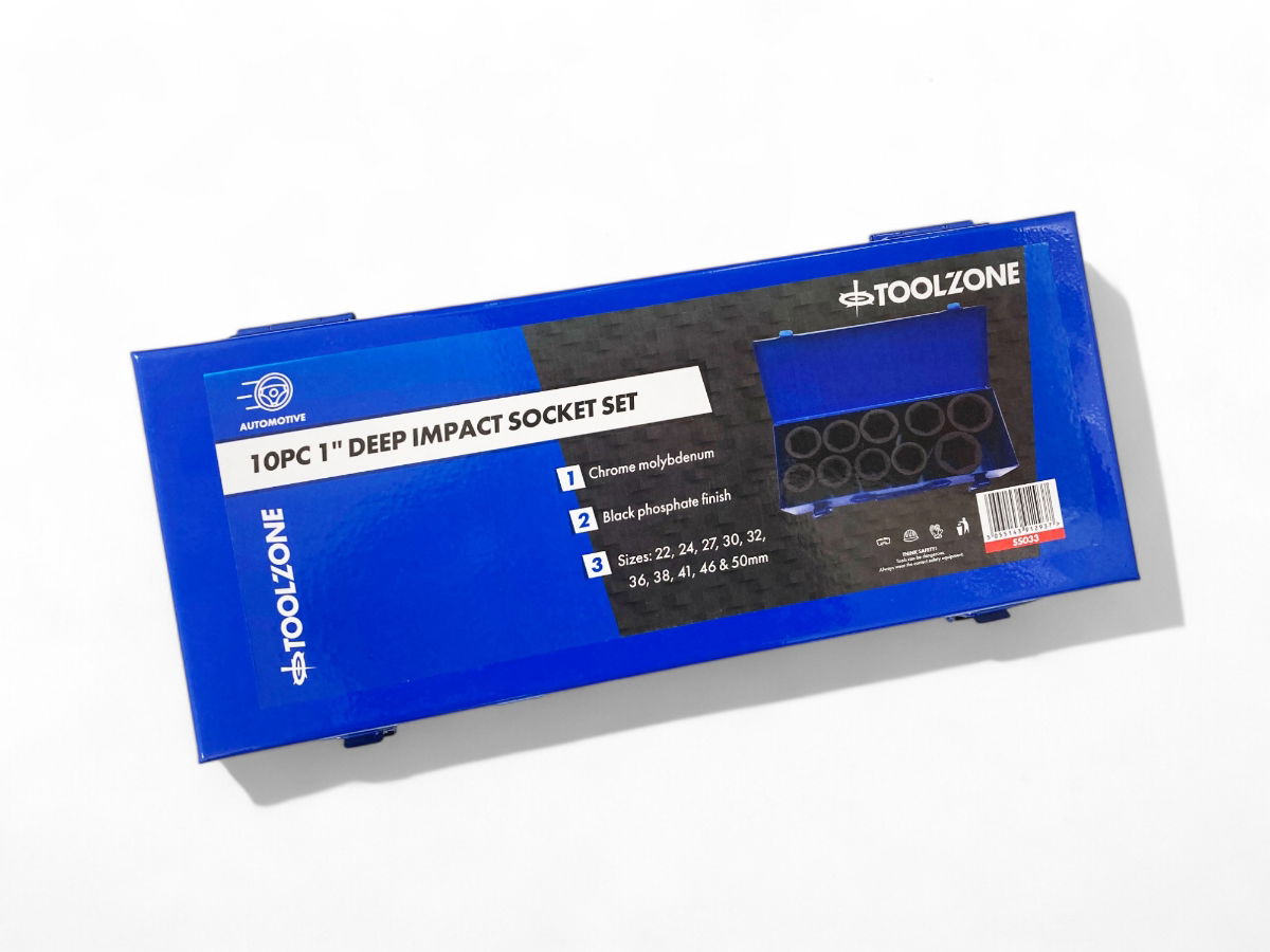 IMPACT SOCKET SET 1 DRIVE DEEP 10pc 22-50mm CHROME MOLYBDENUM - TOOLZONE KDPSS033