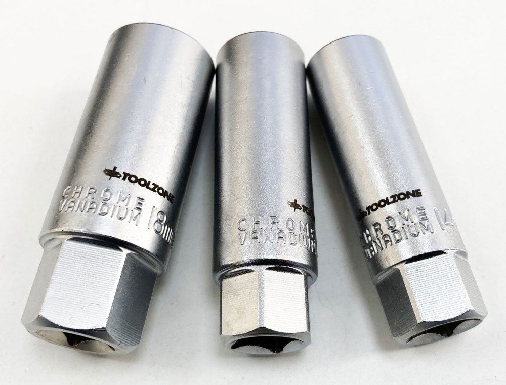 SPARK PLUG SOCKET SET 3/8 DRIVE 3 PIECES 14mm 16mm 18mm THIN WALL SATIN FINISH - TOOLZONE KDPSS242