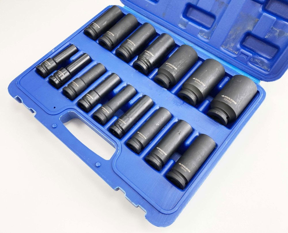 IMPACT SOCKET SET DEEP 1/2 DRIVE 16 PIECES 10mm-32mm CRV BLACK PHOSPHATE - TOOLZONE KDPSS244