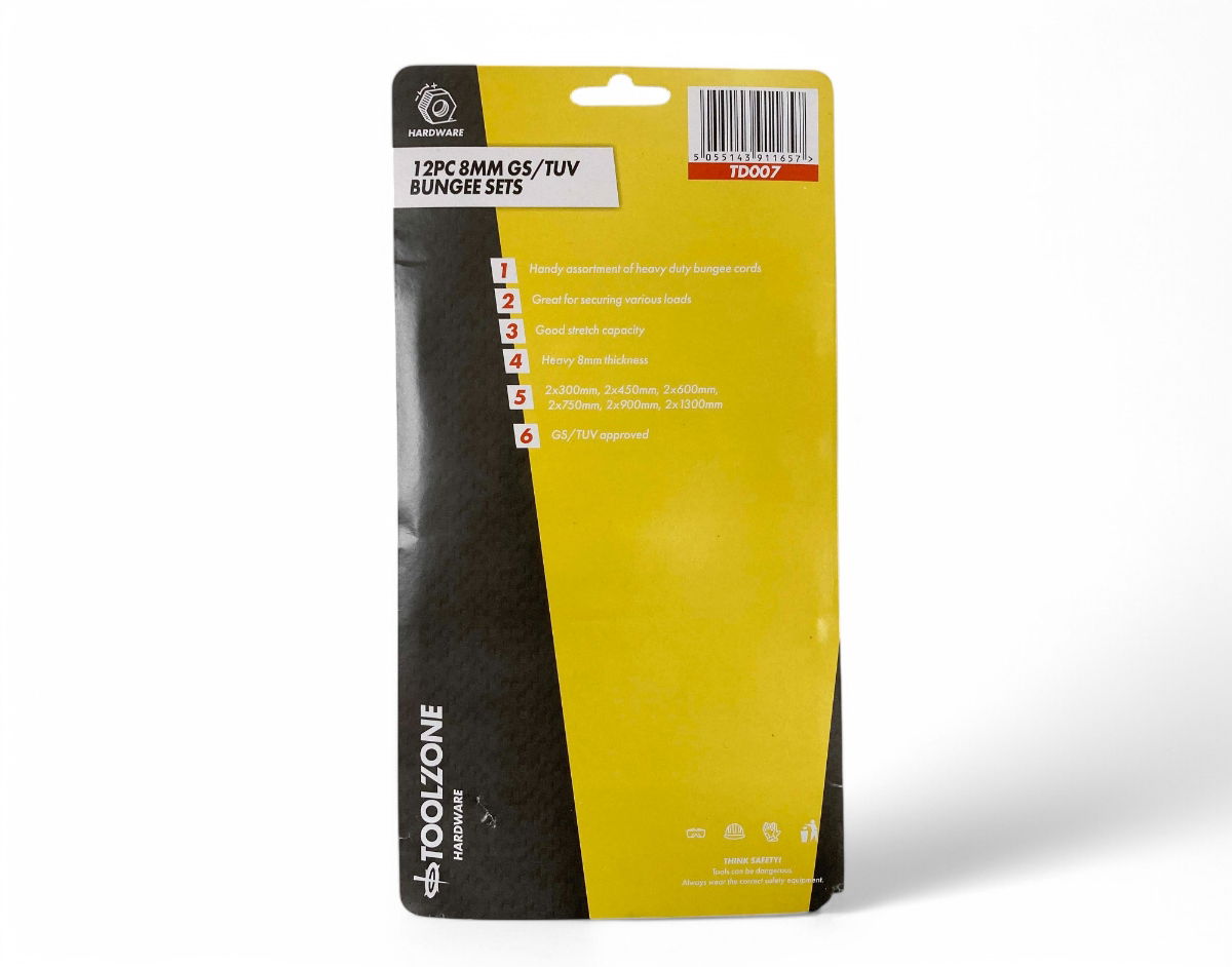 BUNGEE SET 12PC ASSORTED 8mm 300mm 450mm 600mm 750mm 900mm 1300mm - TOOLZONE KDPTD007