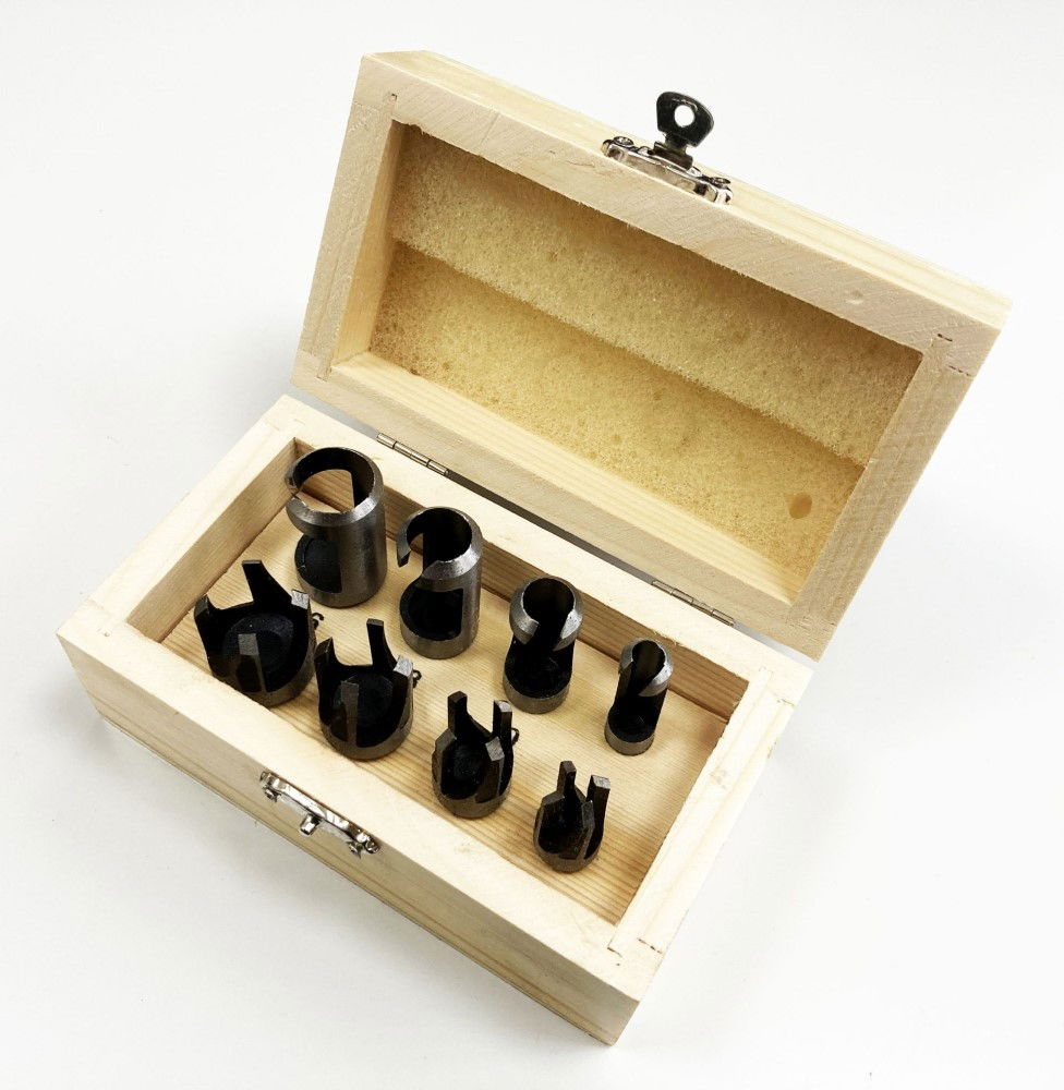 WOOD PLUG CUTTER SET 8PC 6mm 10mm 13mm 16mm 10mm SHANK IN WOOD BOX - TOOLZONE KDPWW132