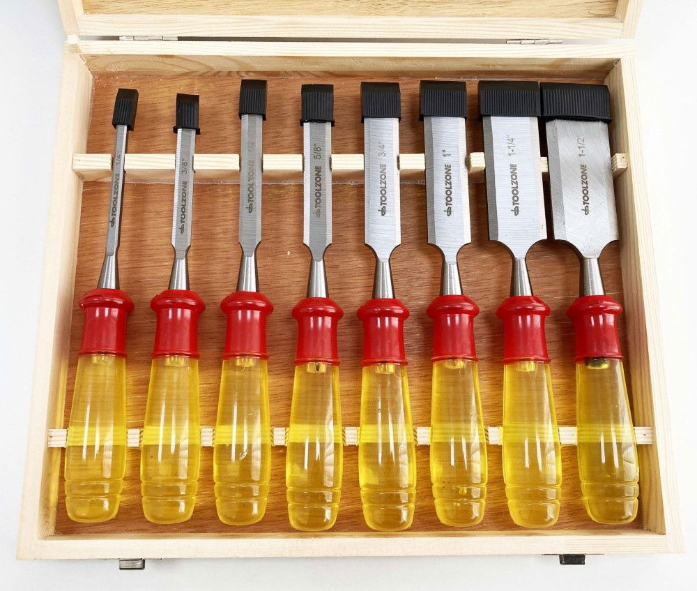 WOOD CHISEL SET 8PC 65mn SIZES 1/4-1-1/2 WITH WOODEN CASE - TOOLZONE KDPWW217