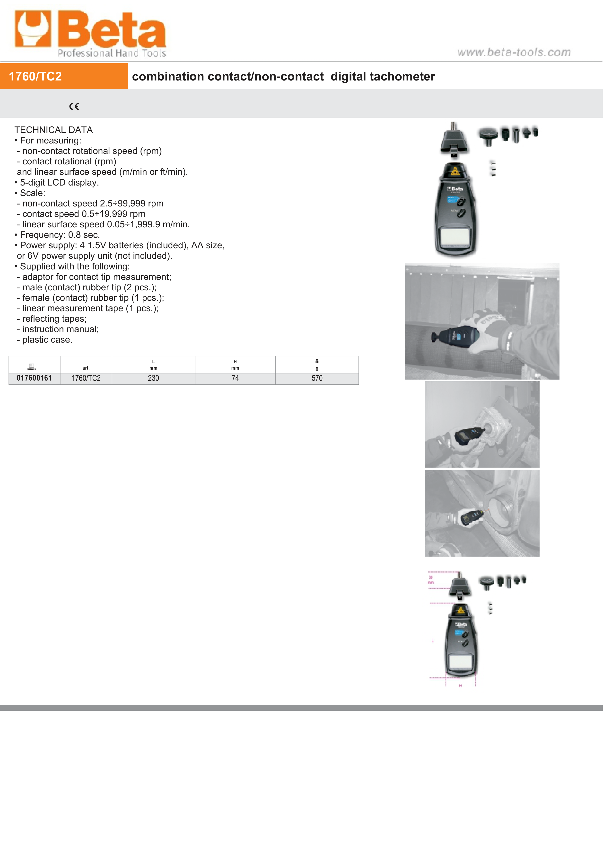 Combination Contact/Non-Contact Digital Tachometer 2.5-99,999 RPM 230mm - Beta Tools 1760/TC2