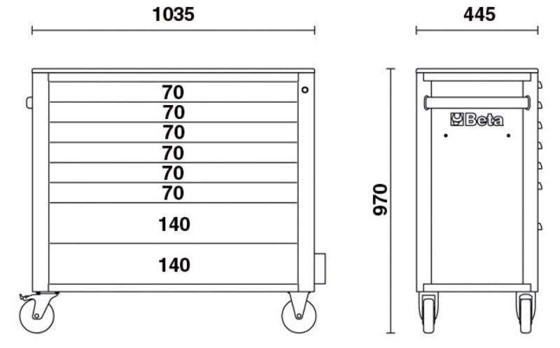 Mobile Roller Cab 8 Drawers Anti-Tilt System Long Model 1000kg Capacity - Beta Tools RSC24AXL/8-R