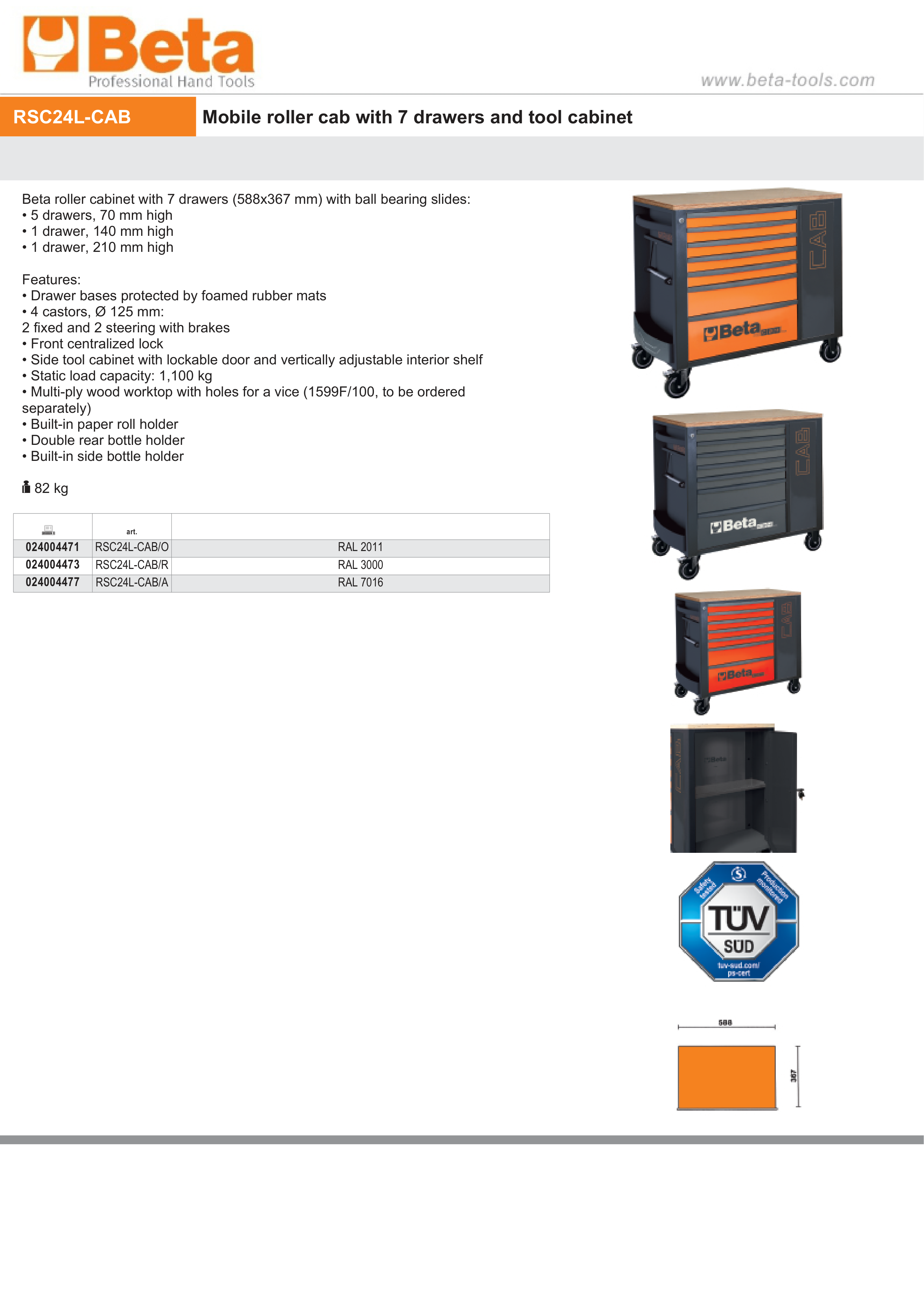 Mobile Roller Cab 7 Drawers Tool Cabinet 1100kg Capacity - Beta Tools RSC24L-CAB/A
