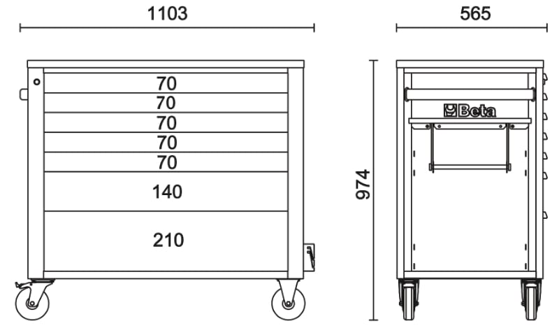 Mobile Roller Cab 7 Drawers Wood Worktop Anti-Tilt System Long Model 1100kg Capacity - Beta Tools RSC24AXLP/7-R