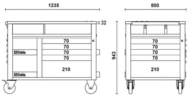 SuperTank Trolley with Wood Worktop, 10 Drawers, 588x367mm, 150mm Castors, 1200kg Load Capacity - Beta Tools RSC28-O