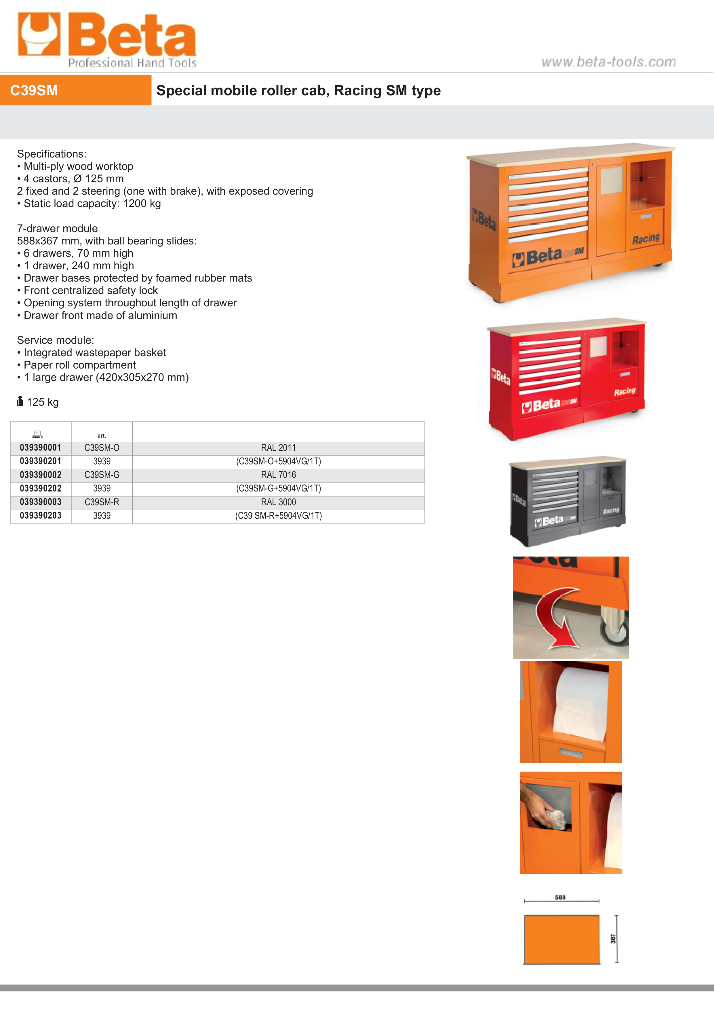 Special Mobile Roller Cabinet Racing SM Type with 7-Drawer Module and Service Module - Beta Tools C39SM-G
