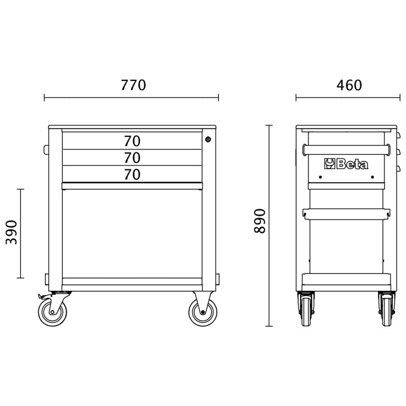 Service Tool Trolley with 3 Drawers, ABS Worktop, 4 Castors 125mm, 400kg Load Capacity - Beta Tools RSC51-FO