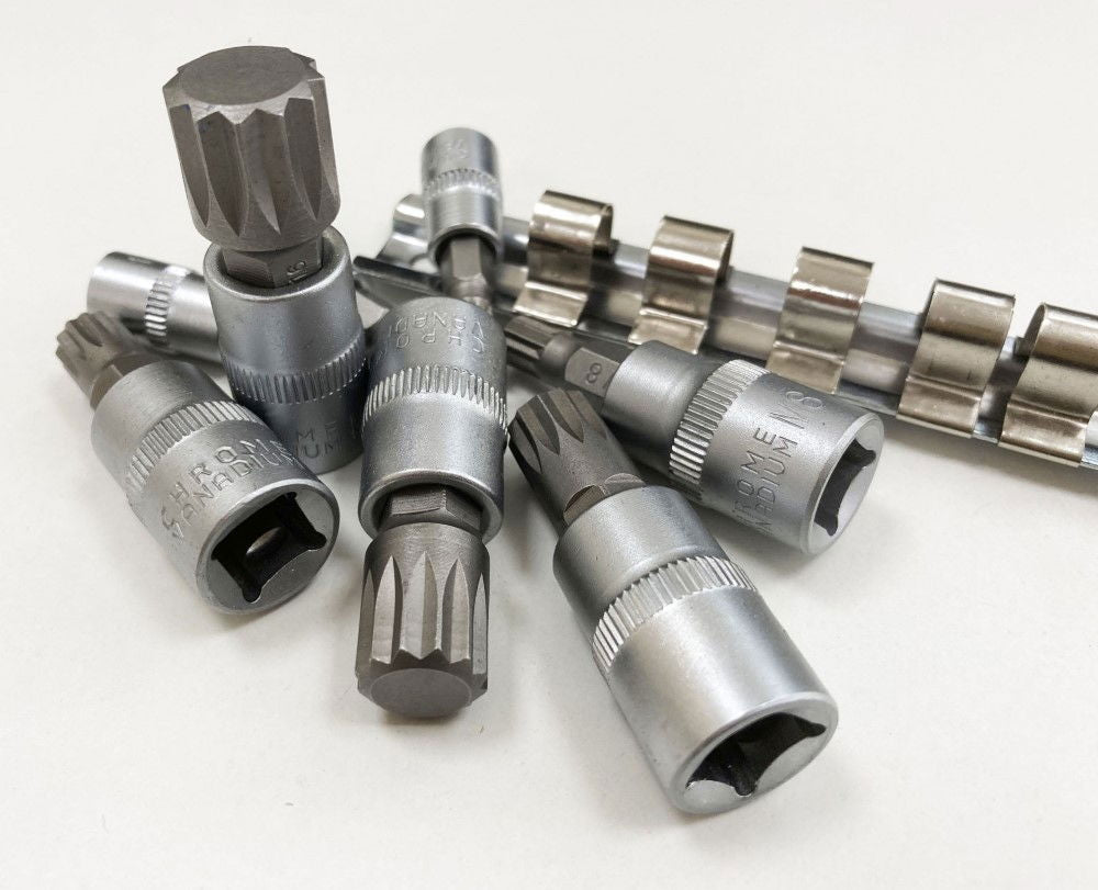 SPLINE BIT SOCKET SET 8PC 1/4 3/8 DRIVE M4-M16 ON RAIL - TOOLZONE KDPSD079