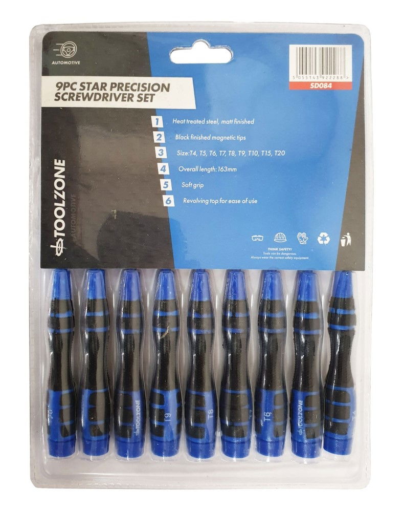 PRECISION STAR SCREWDRIVER SET 9PC T4-T20 SOFT GRIP - TOOLZONE KDPSD084