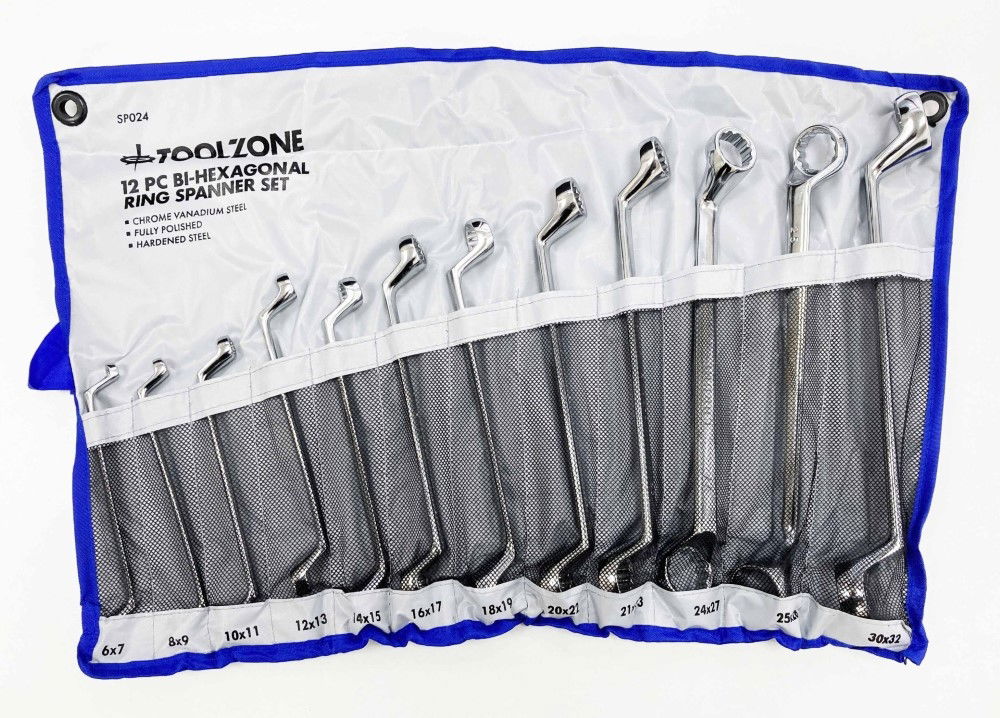 OFFSET RING SPANNER SET 12PC 6x7mm TO 30x32mm CHROME VANADIUM POLISHED - TOOLZONE KDPSP024