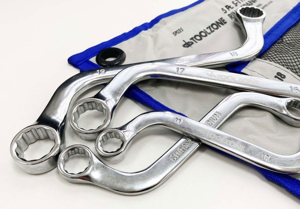 S-SHAPED RING SPANNER SET 5PC 10x11mm TO 18x19mm CHROME VANADIUM POLISHED - TOOLZONE KDPSP035