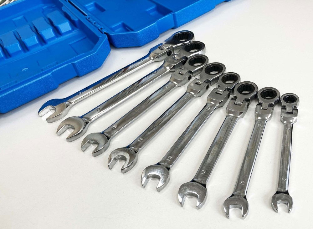 FLEX RATCHET COMBINATION WRENCH SET 8pc METRIC CHROME VANADIUM POLISHED FINISH - TOOLZONE KDPSP128