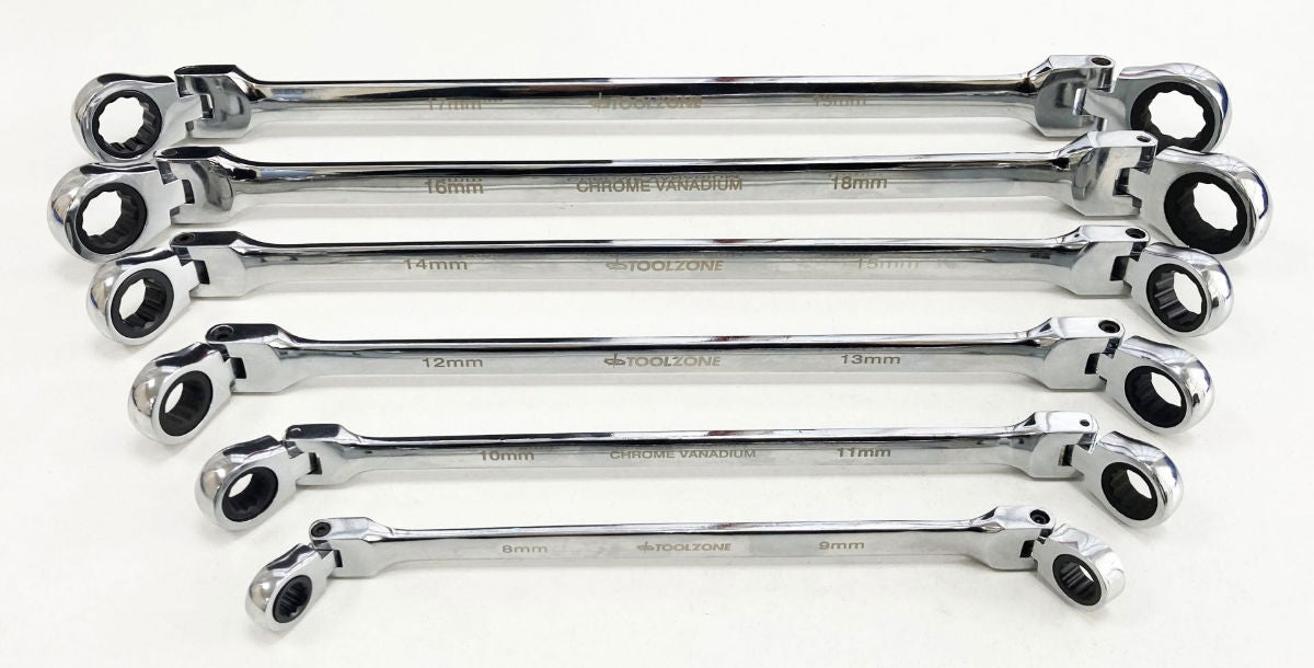 FLEXI RATCHET SPANNER SET 10pc 8-19mm DROP FORGED MIRROR POLISH - TOOLZONE KDPSP198