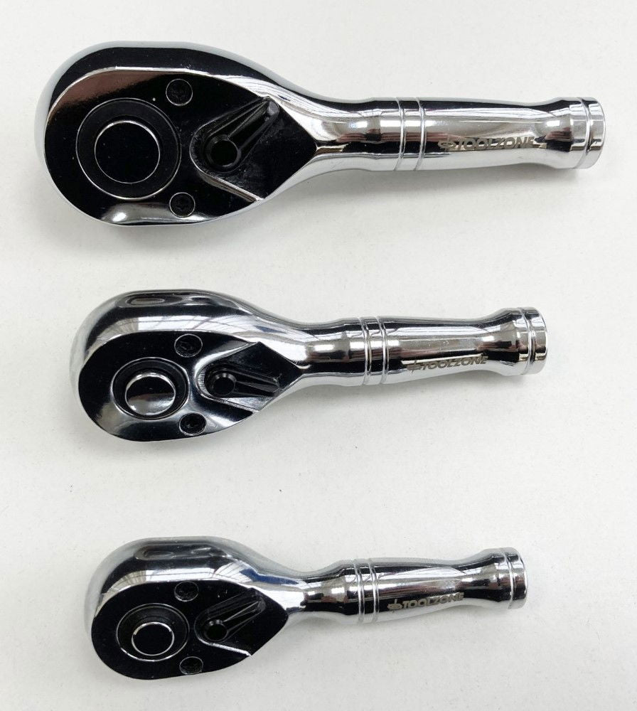 STUBBY RATCHET HANDLE SET 3pc 1/4 3/8 1/2 DRIVE 72 TEETH CRV - TOOLZONE KDPSS015