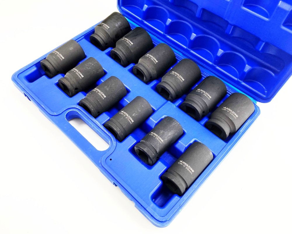 IMPACT SOCKET SET DEEP 3/4 DRIVE 12 PIECES 24mm-41mm CRV 80mm BLACK FINISH - TOOLZONE KDPSS235