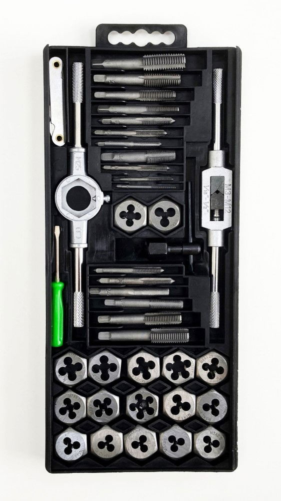 TAP AND DIE SET 40 PIECE CARBON STEEL METRIC M3-M12 AND SAE 4-40 TO 1/2-20 - TOOLZONE KDPTP102