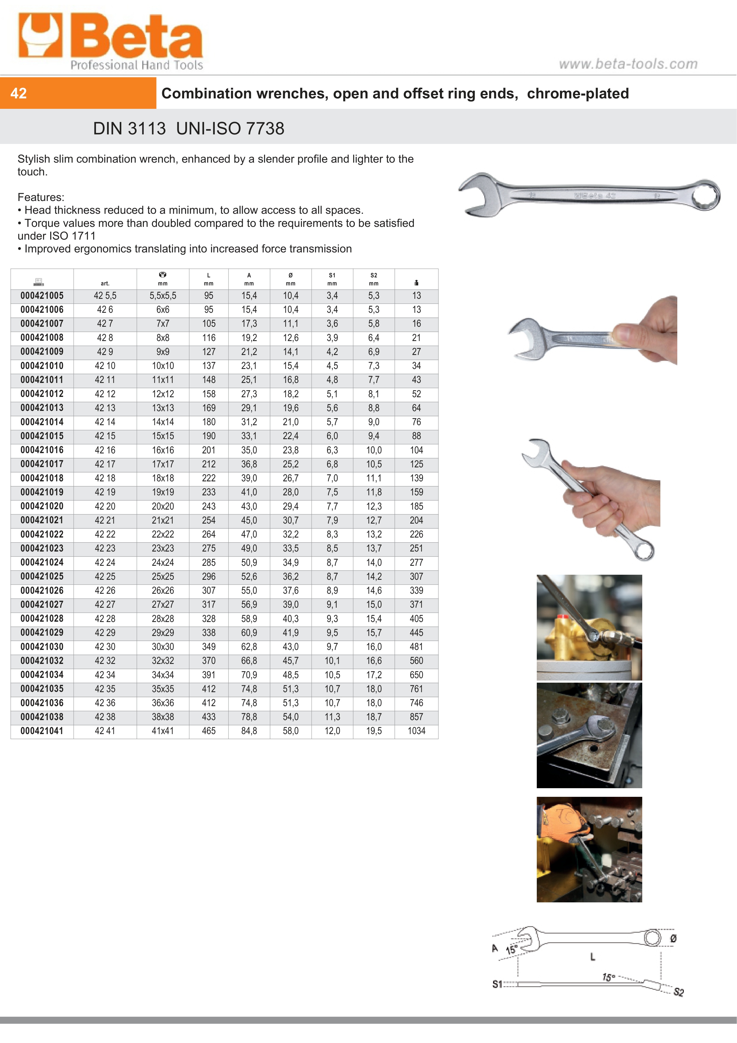 Combination Spanner Wrench Open Offset Ring Ends Chrome-Plated 16mm - Beta Tools 42 16