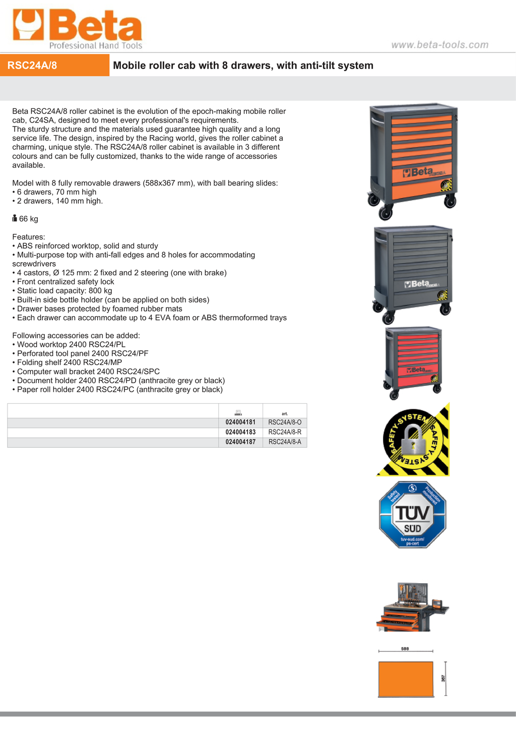 Mobile Roller Cab 8 Drawers Anti-Tilt System Reinforced Worktop 800kg Capacity - Beta Tools RSC24A/8-R