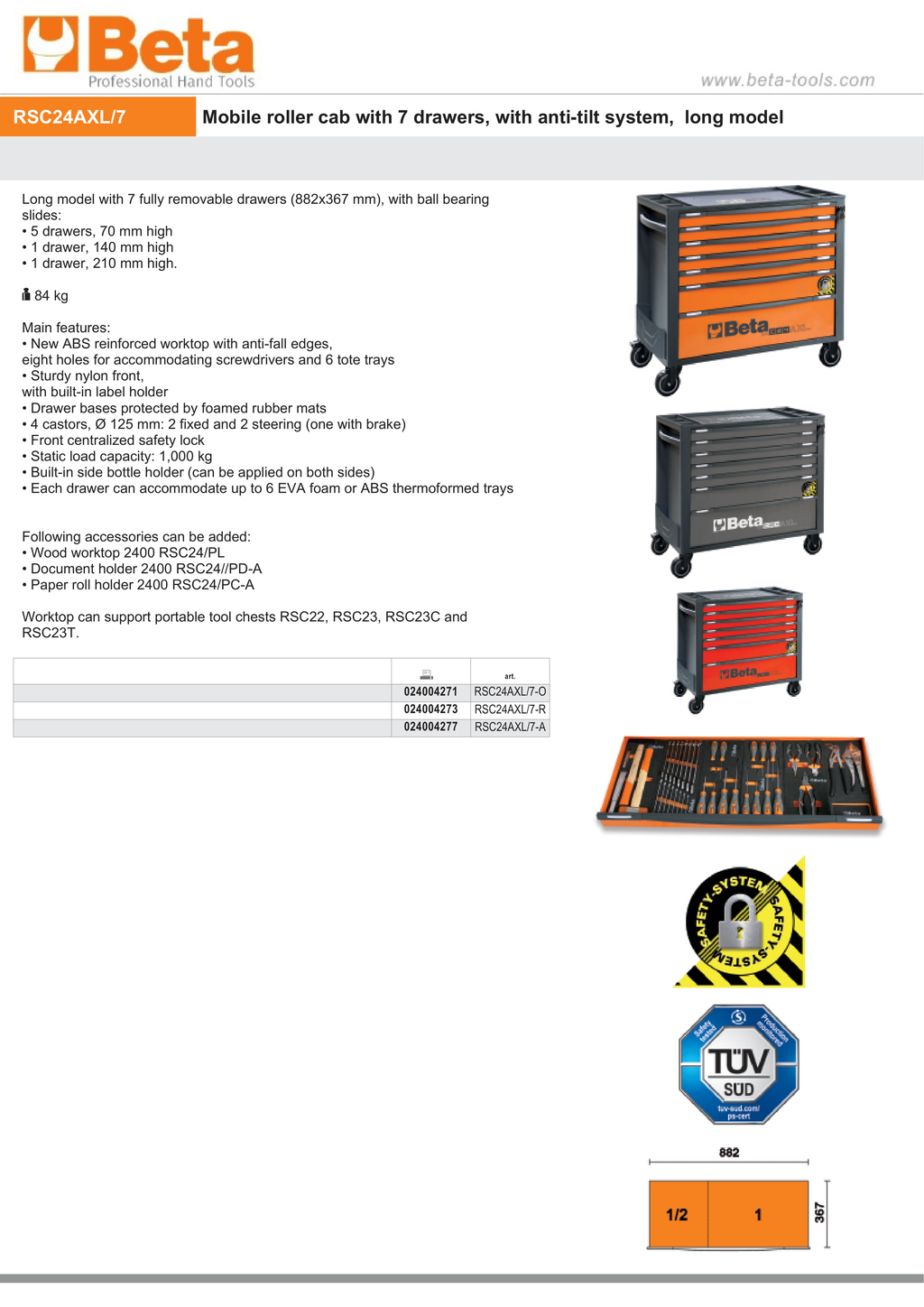 Mobile Roller Cab 7 Drawers Anti-Tilt System Long Model 1000kg Capacity - Beta Tools RSC24AXL/7-A