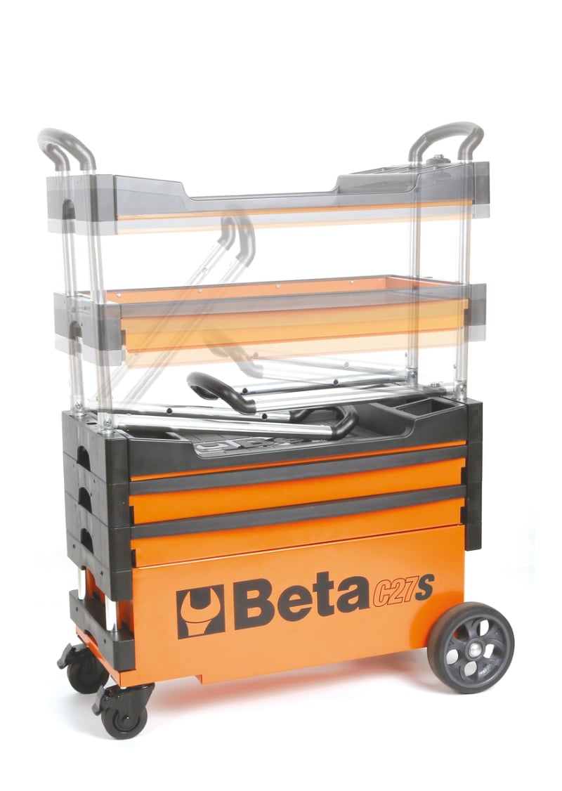 Folding Tool Trolley for Outdoor Jobs, 2 Drawers, 990x390x700mm, Centralized Lock, 160mm Fixed Castors - Beta Tools C27S-R