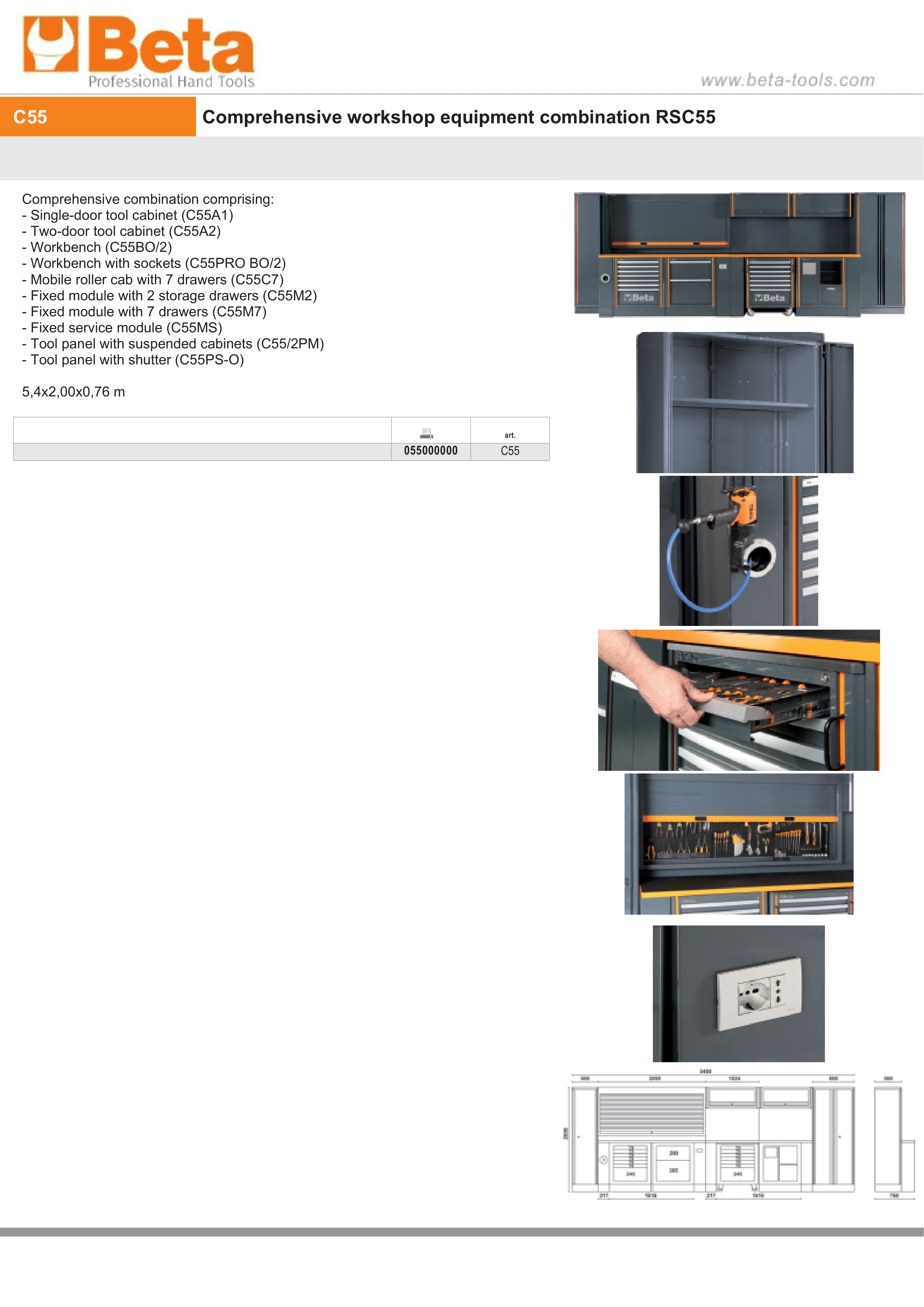 Comprehensive Workshop Equipment Set with Cabinets, Workbenches, Mobile Roller Cab, Tool Panels, 5.4x2.00x0.76m - BetaRSC55 C55