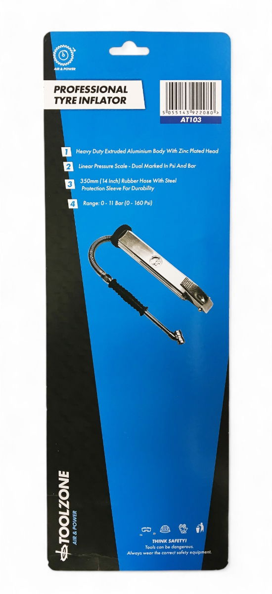 TYRE INFLATOR FORECOURT 0-160 psi ALUMINIUM BODY WITH GAUGE - TOOLZONE KDPAT103