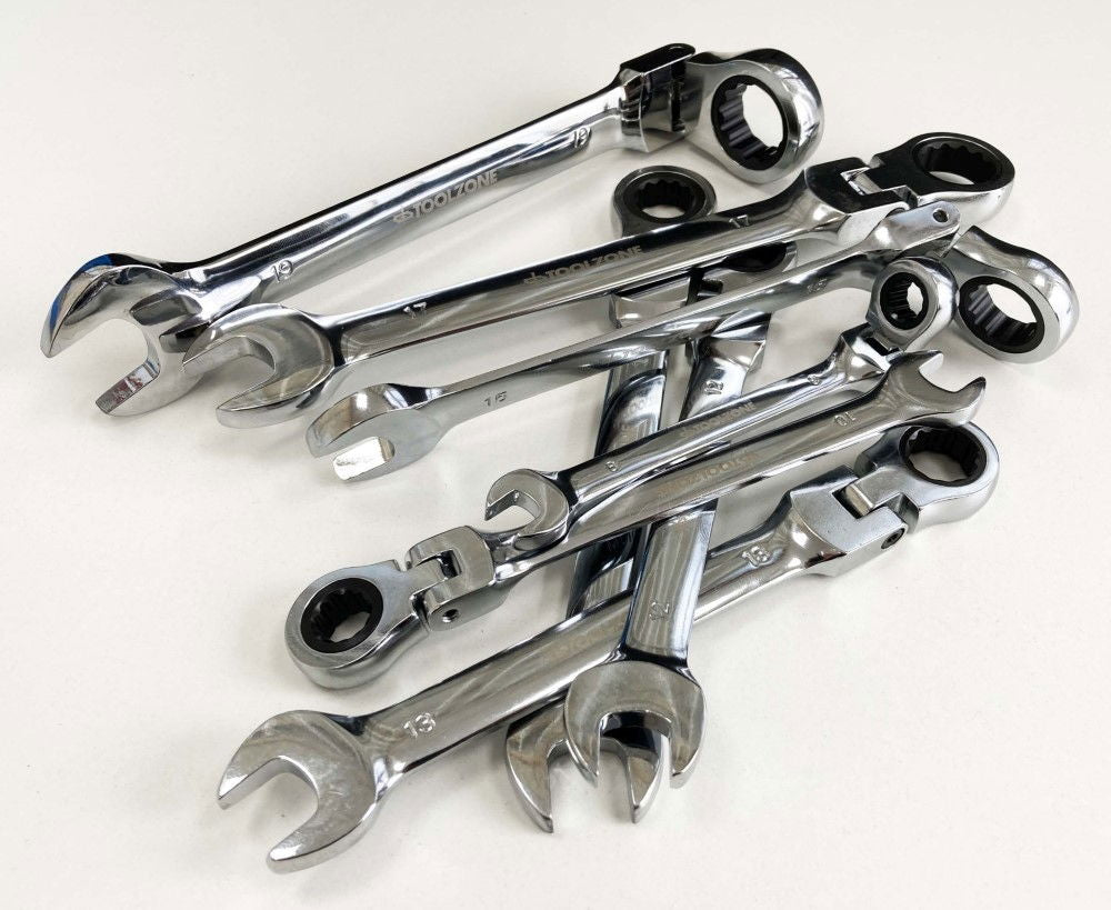 FLEX RATCHET COMBINATION WRENCH SET 8pc METRIC CHROME VANADIUM POLISHED FINISH - TOOLZONE KDPSP128