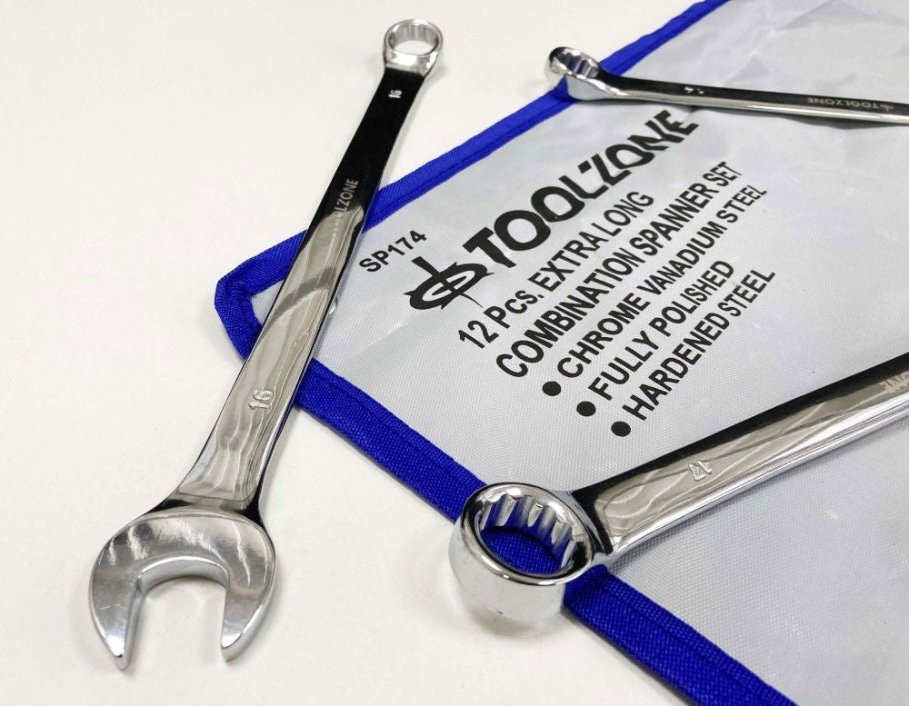 COMBINATION SPANNER SET 12pc EXTRA LONG 8-19mm CHROME VANADIUM IN POUCH - TOOLZONE KDPSP174