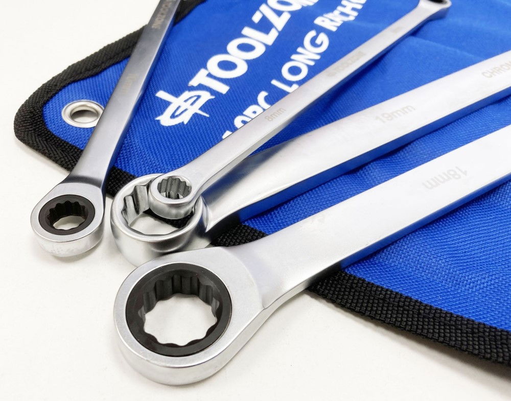 RATCHET SPANNER SET LONG 10pc 8-19mm 72 TEETH 6150CRV MIRROR POLISH - TOOLZONE KDPSP194