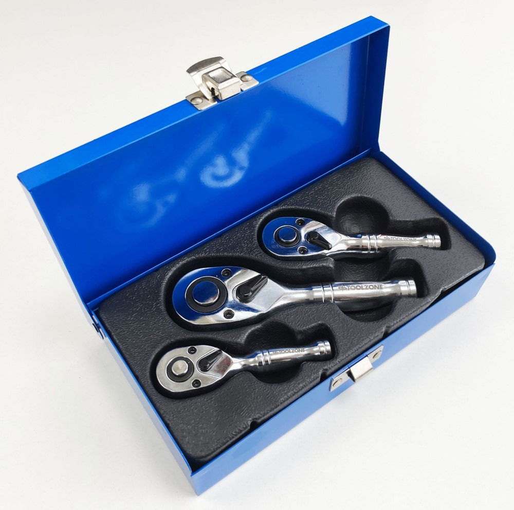STUBBY RATCHET HANDLE SET 3pc 1/4 3/8 1/2 DRIVE 72 TEETH CRV - TOOLZONE KDPSS015