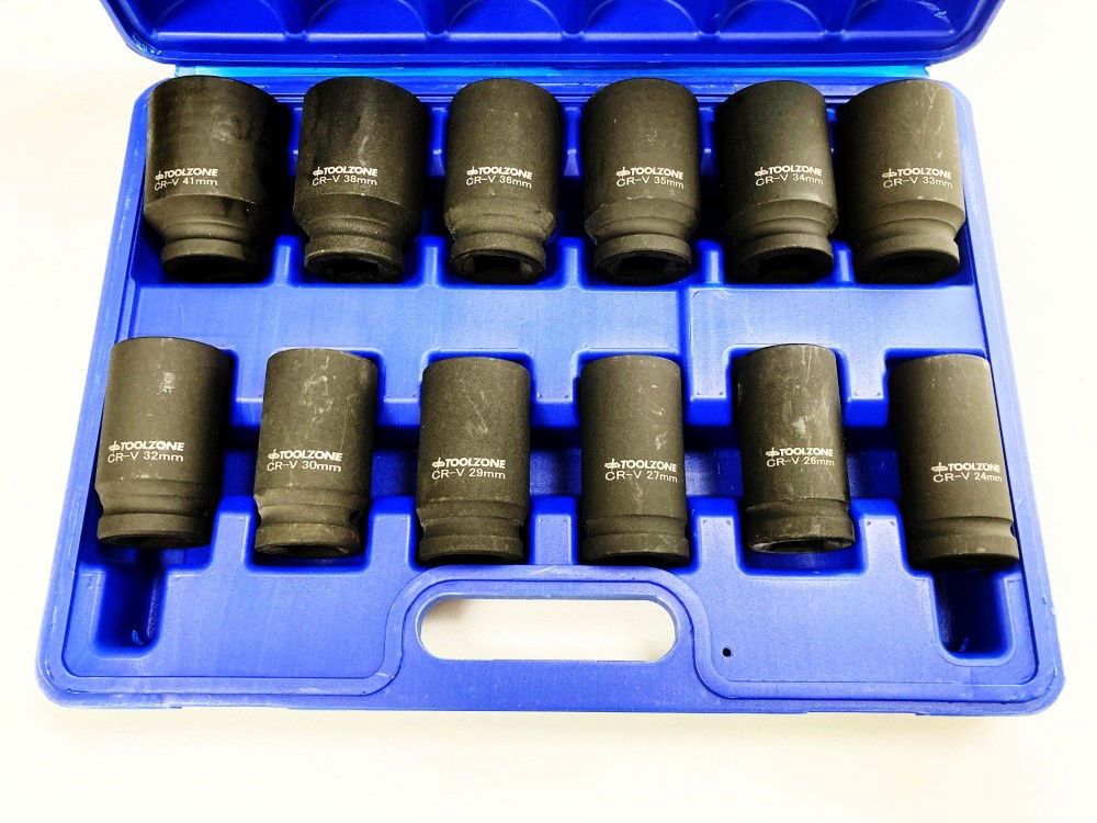 IMPACT SOCKET SET DEEP 3/4 DRIVE 12 PIECES 24mm-41mm CRV 80mm BLACK FINISH - TOOLZONE KDPSS235