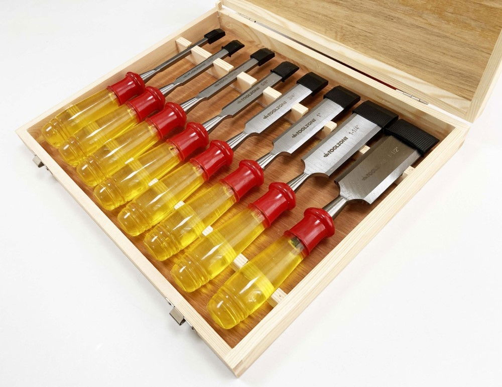 WOOD CHISEL SET 8PC 65mn SIZES 1/4-1-1/2 WITH WOODEN CASE - TOOLZONE KDPWW217