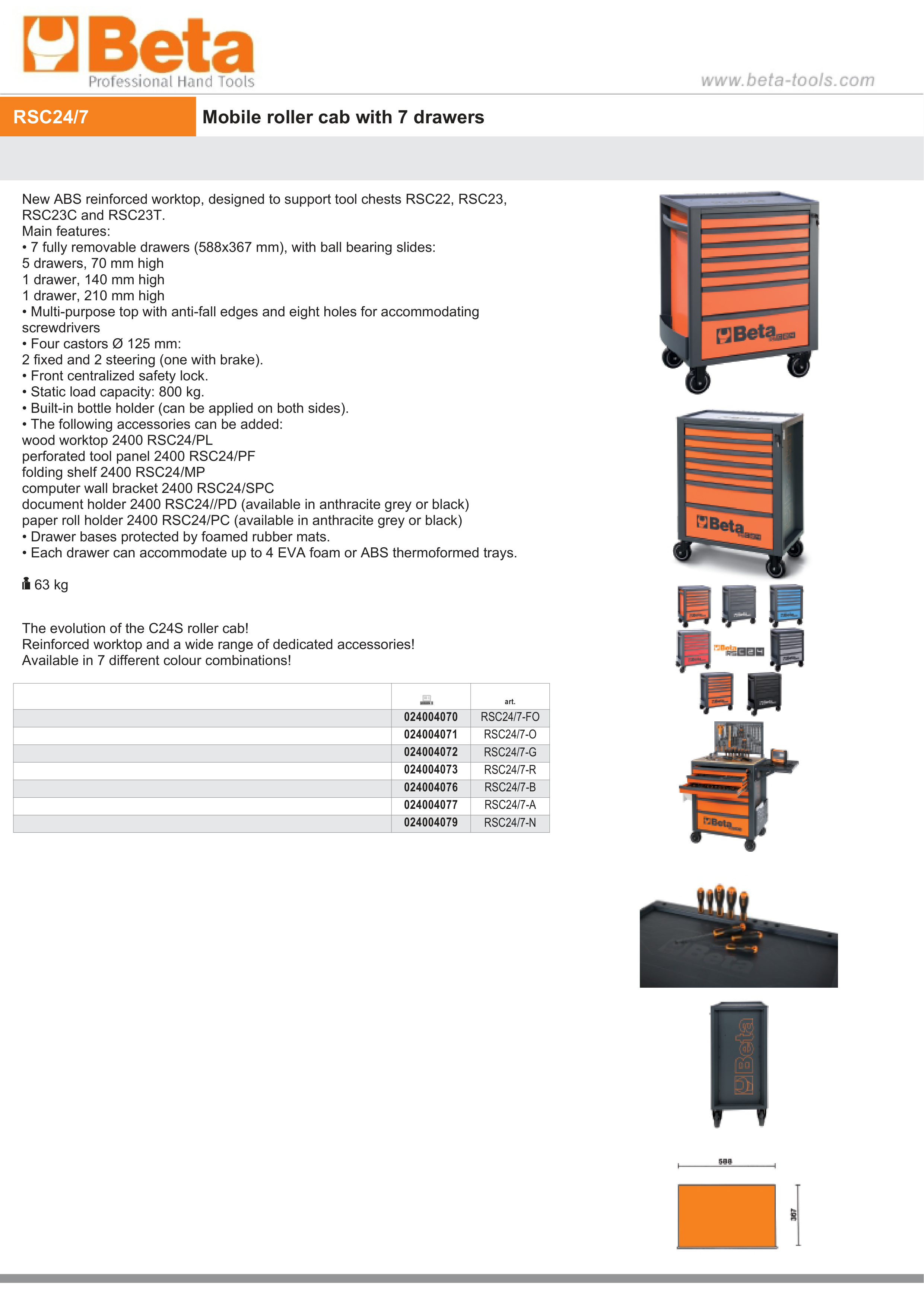 Mobile Roller Cab 7 Drawers Reinforced Worktop 800kg Capacity - Beta Tools RSC24/7-B